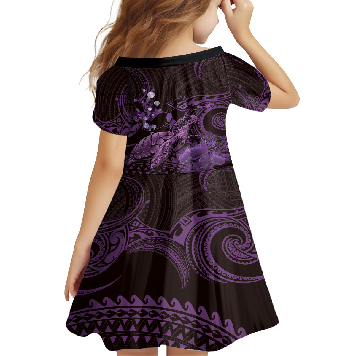 Purple Aloha Hawaii Kid Short Sleeve Dress Snorkeling With Sea Turtle Polynesian Pattern LT14 - Polynesian Pride