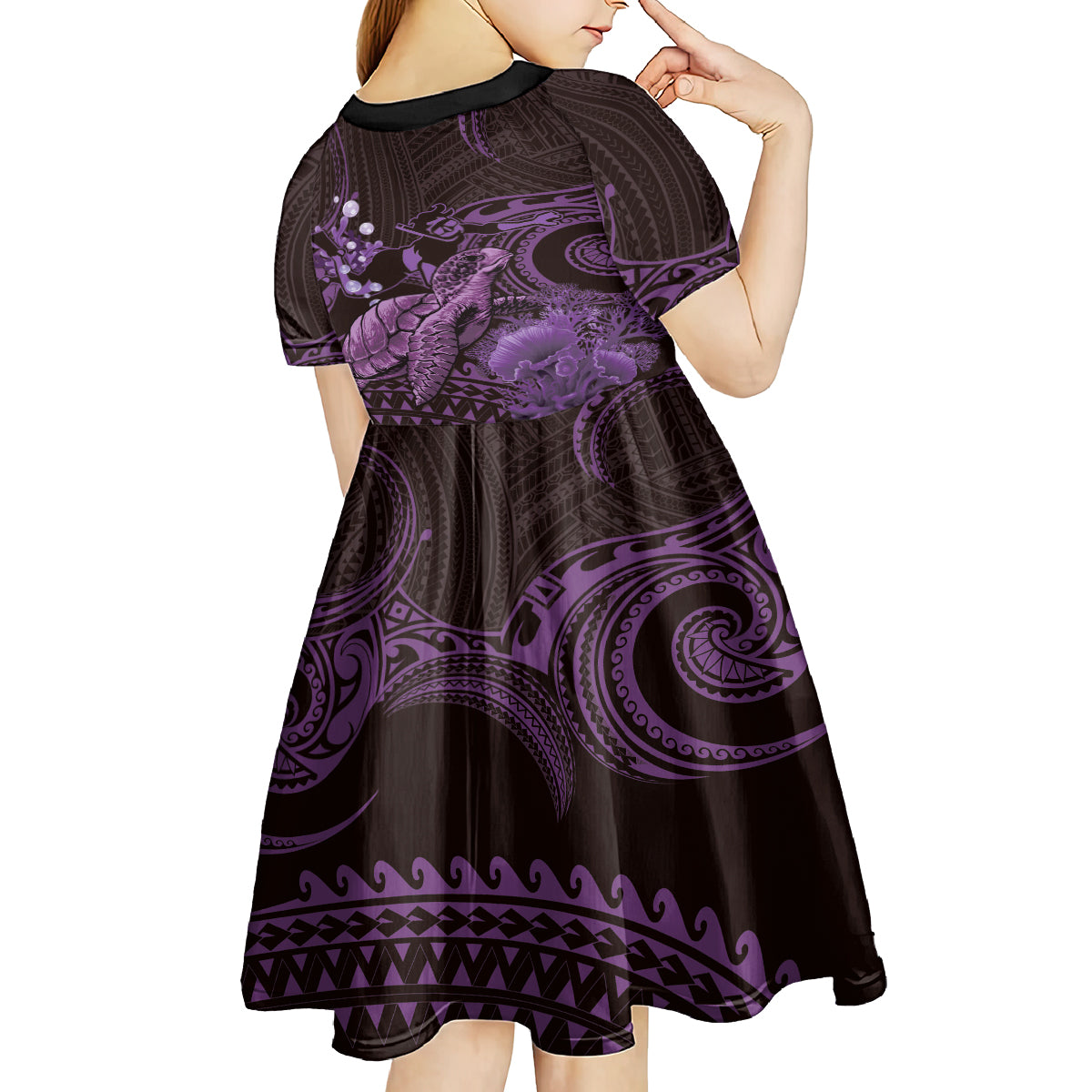 Purple Aloha Hawaii Kid Short Sleeve Dress Snorkeling With Sea Turtle Polynesian Pattern LT14 - Polynesian Pride