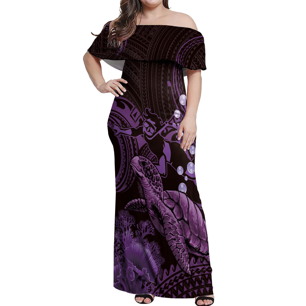 Purple Aloha Hawaii Off Shoulder Maxi Dress Snorkeling With Sea Turtle Polynesian Pattern LT14 Women Purple - Polynesian Pride