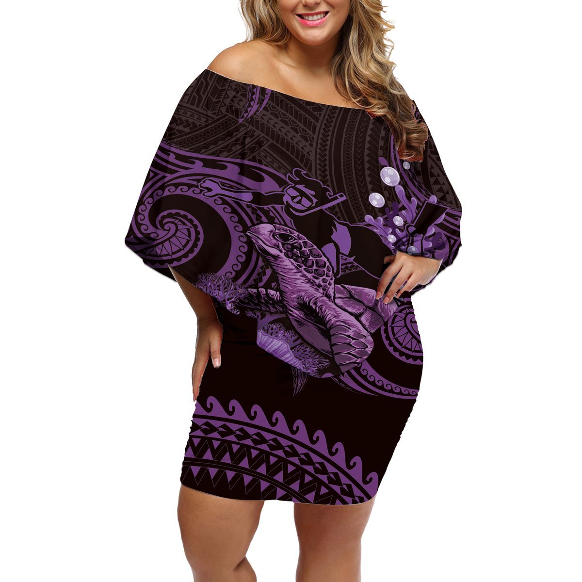 Purple Aloha Hawaii Off Shoulder Short Dress Snorkeling With Sea Turtle Polynesian Pattern LT14 Women Purple - Polynesian Pride
