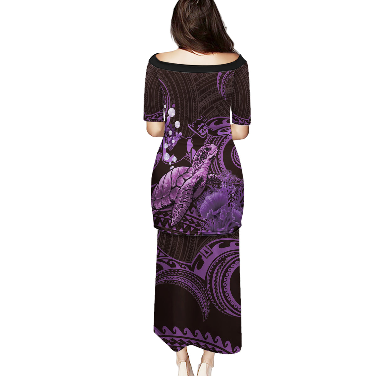 Purple Aloha Hawaii Puletasi Snorkeling With Sea Turtle Polynesian Pattern