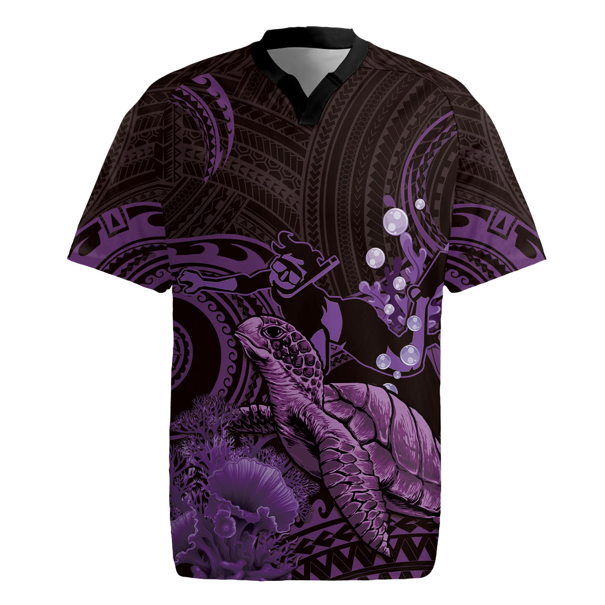 Purple Aloha Hawaii Rugby Jersey Snorkeling With Sea Turtle Polynesian Pattern