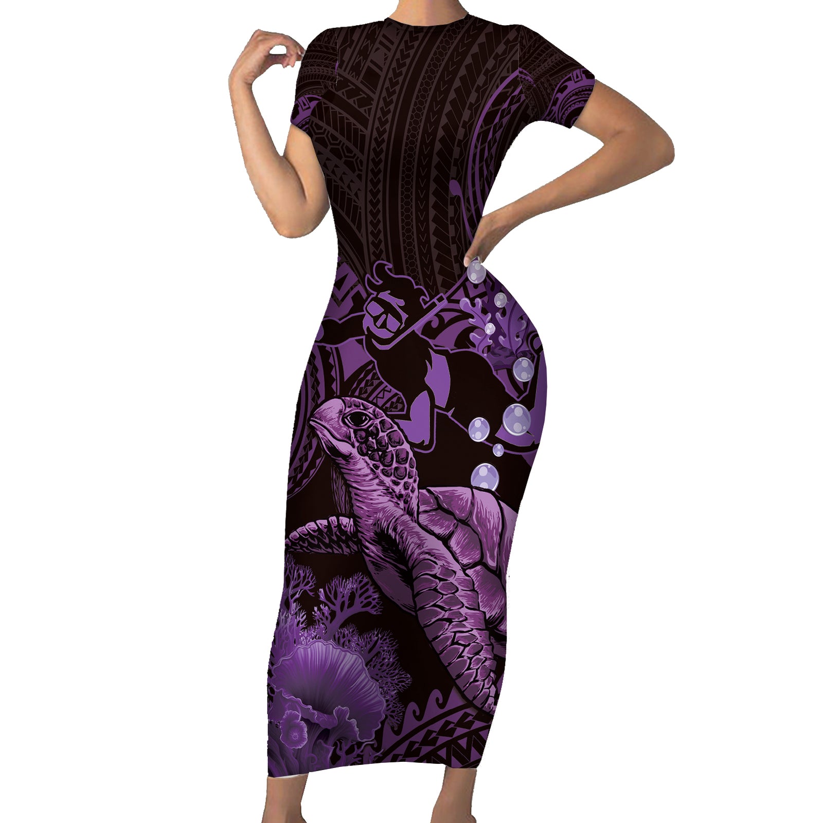Purple Aloha Hawaii Short Sleeve Bodycon Dress Snorkeling With Sea Turtle Polynesian Pattern