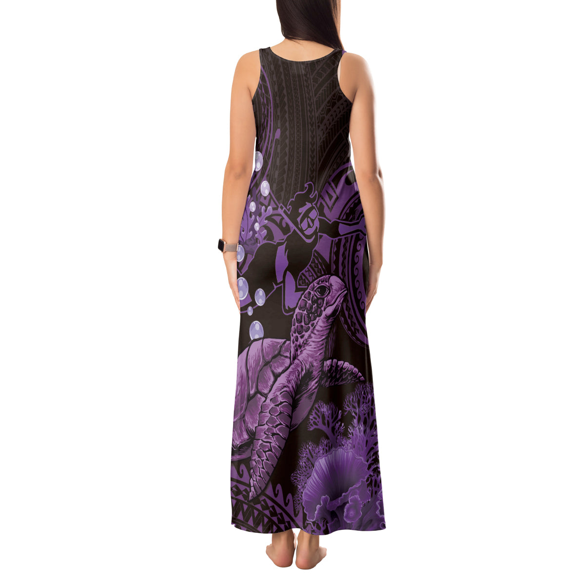 Purple Aloha Hawaii Tank Maxi Dress Snorkeling With Sea Turtle Polynesian Pattern