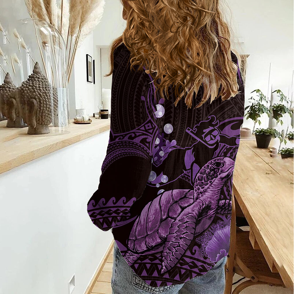 Purple Aloha Hawaii Women Casual Shirt Snorkeling With Sea Turtle Polynesian Pattern