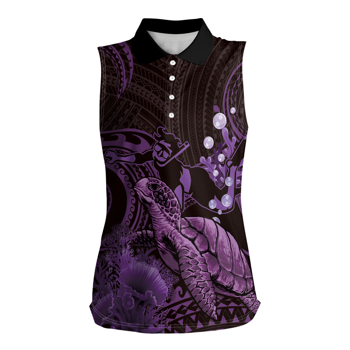 Purple Aloha Hawaii Women Sleeveless Polo Shirt Snorkeling With Sea Turtle Polynesian Pattern