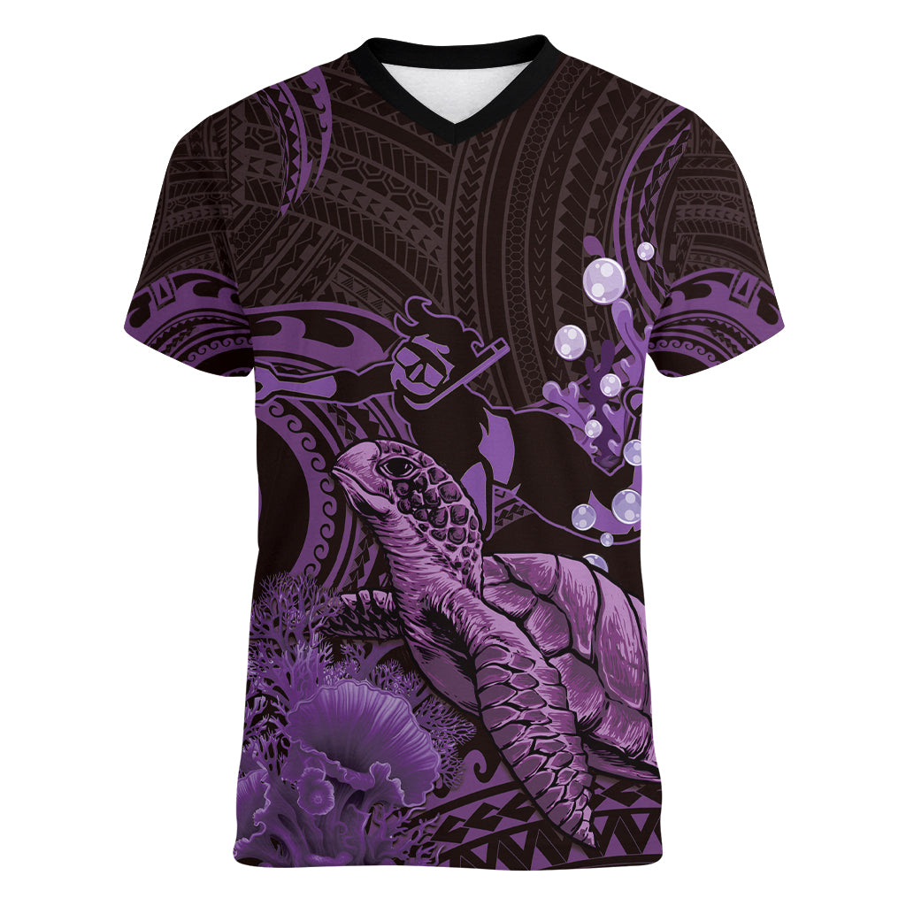 Purple Aloha Hawaii Women V-Neck T-Shirt Snorkeling With Sea Turtle Polynesian Pattern
