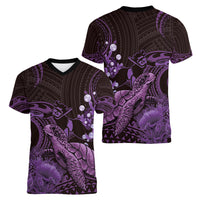 Purple Aloha Hawaii Women V-Neck T-Shirt Snorkeling With Sea Turtle Polynesian Pattern