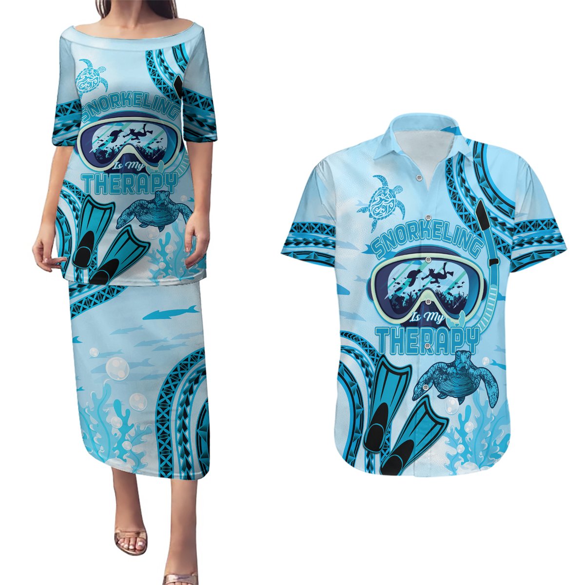 Hawaii Sea Turtle Snorkeling Is My Therapy Couples Matching Puletasi and Hawaiian Shirt
