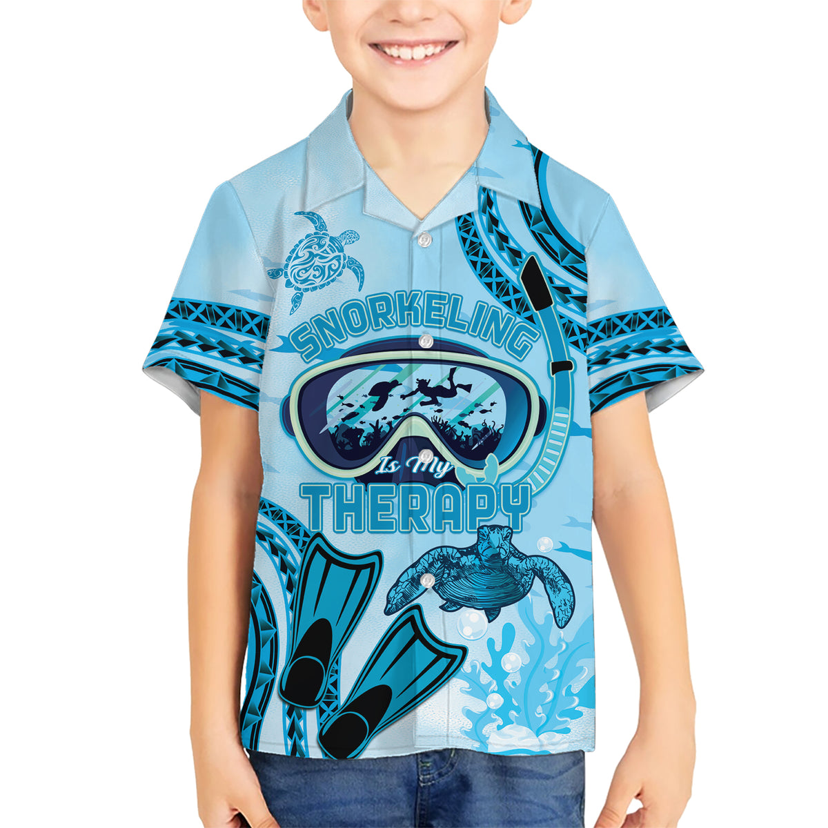 Hawaii Sea Turtle Snorkeling Is My Therapy Kid Hawaiian Shirt LT14 Kid Blue - Polynesian Pride