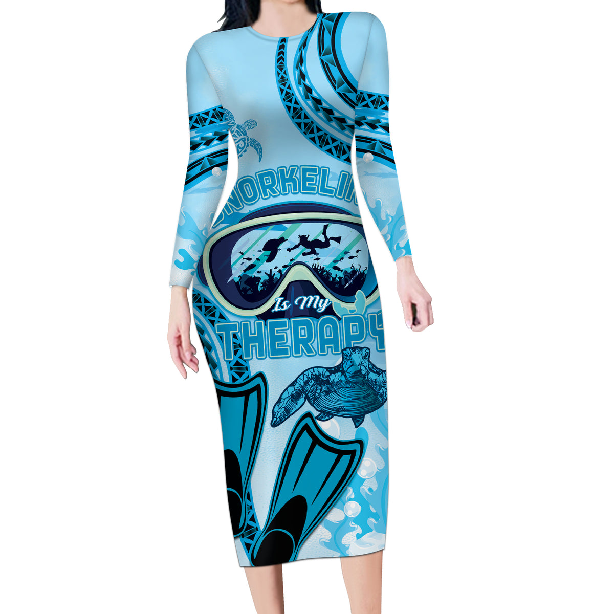 Hawaii Sea Turtle Snorkeling Is My Therapy Long Sleeve Bodycon Dress