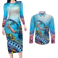 Hawaii Snorkeling Honu Turtle Couples Matching Long Sleeve Bodycon Dress and Long Sleeve Button Shirt Under The Ocean Vibes