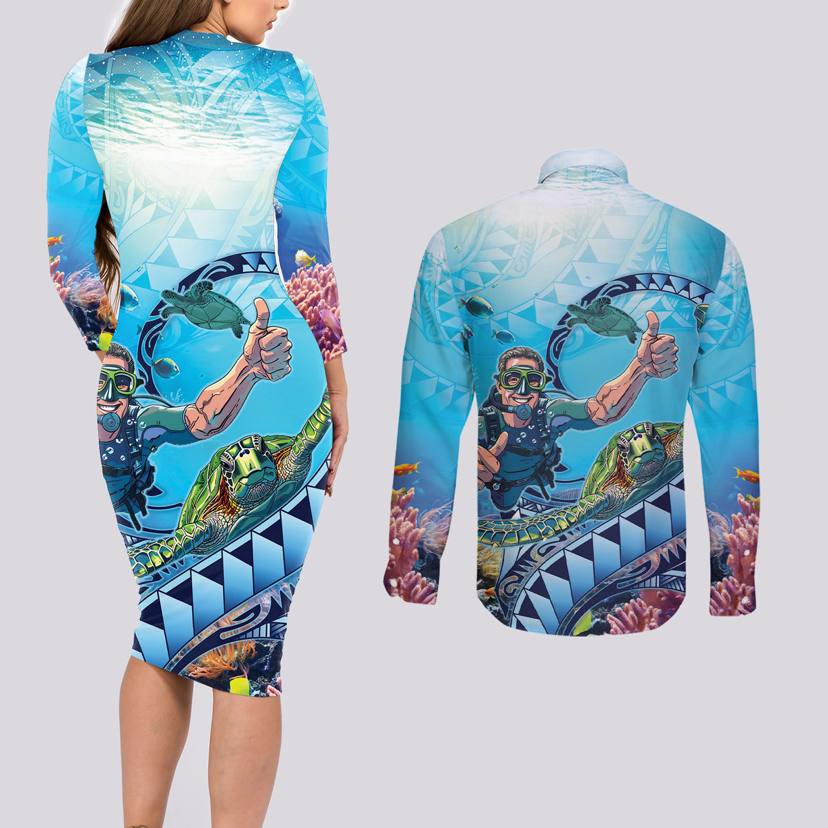 Hawaii Snorkeling Honu Turtle Couples Matching Long Sleeve Bodycon Dress and Long Sleeve Button Shirt Under The Ocean Vibes