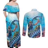 Hawaii Snorkeling Honu Turtle Couples Matching Off Shoulder Maxi Dress and Long Sleeve Button Shirt Under The Ocean Vibes