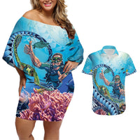 Hawaii Snorkeling Honu Turtle Couples Matching Off Shoulder Short Dress and Hawaiian Shirt Under The Ocean Vibes