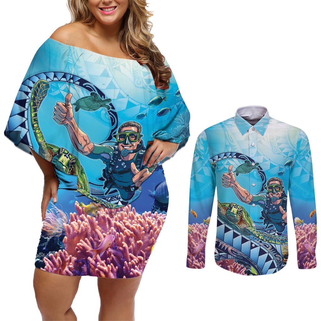 Hawaii Snorkeling Honu Turtle Couples Matching Off Shoulder Short Dress and Long Sleeve Button Shirt Under The Ocean Vibes LT14 Blue - Polynesian Pride