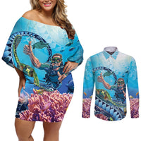 Hawaii Snorkeling Honu Turtle Couples Matching Off Shoulder Short Dress and Long Sleeve Button Shirt Under The Ocean Vibes LT14 Blue - Polynesian Pride