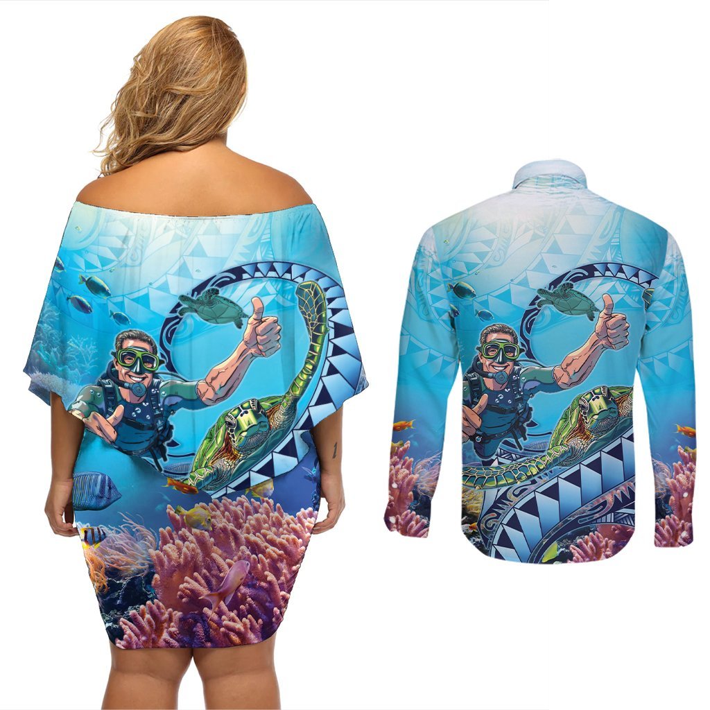 Hawaii Snorkeling Honu Turtle Couples Matching Off Shoulder Short Dress and Long Sleeve Button Shirt Under The Ocean Vibes LT14 - Polynesian Pride