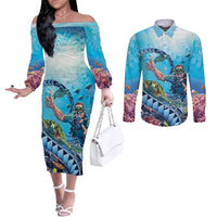 Hawaii Snorkeling Honu Turtle Couples Matching Off The Shoulder Long Sleeve Dress and Long Sleeve Button Shirt Under The Ocean Vibes