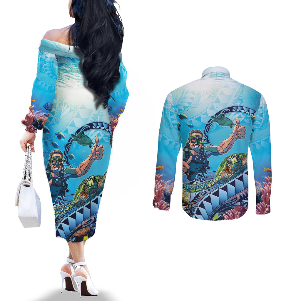Hawaii Snorkeling Honu Turtle Couples Matching Off The Shoulder Long Sleeve Dress and Long Sleeve Button Shirt Under The Ocean Vibes