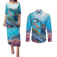 Hawaii Snorkeling Honu Turtle Couples Matching Puletasi and Long Sleeve Button Shirt Under The Ocean Vibes