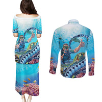 Hawaii Snorkeling Honu Turtle Couples Matching Puletasi and Long Sleeve Button Shirt Under The Ocean Vibes