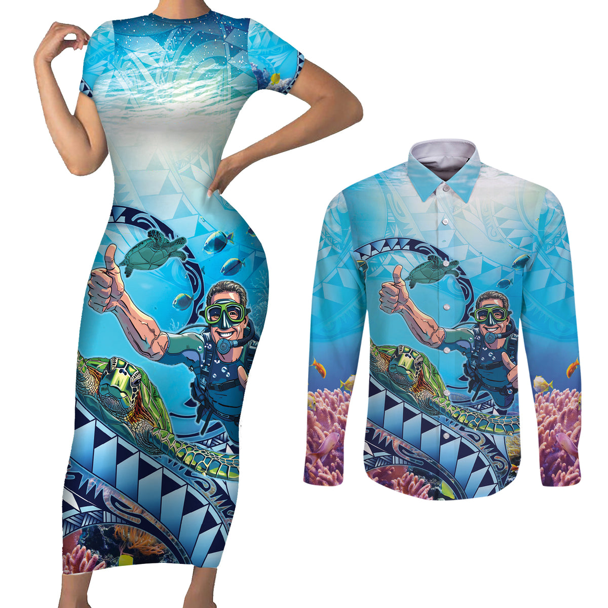 Hawaii Snorkeling Honu Turtle Couples Matching Short Sleeve Bodycon Dress and Long Sleeve Button Shirt Under The Ocean Vibes