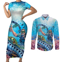 Hawaii Snorkeling Honu Turtle Couples Matching Short Sleeve Bodycon Dress and Long Sleeve Button Shirt Under The Ocean Vibes