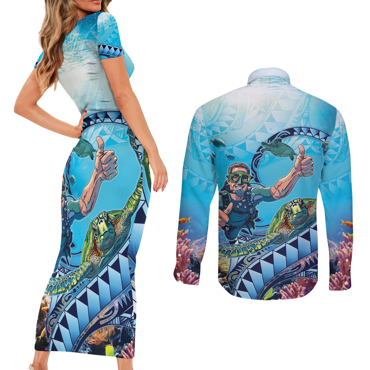 Hawaii Snorkeling Honu Turtle Couples Matching Short Sleeve Bodycon Dress and Long Sleeve Button Shirt Under The Ocean Vibes