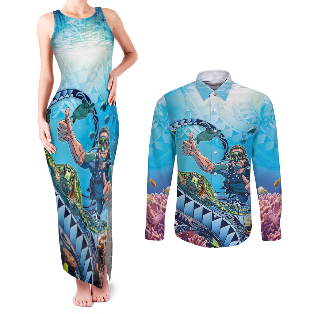 Hawaii Snorkeling Honu Turtle Couples Matching Tank Maxi Dress and Long Sleeve Button Shirt Under The Ocean Vibes