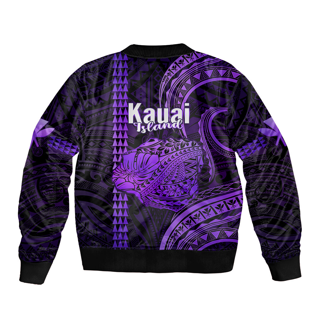 Polynesian Pride Hawaiian Islands Sleeve Zip Bomber Jacket Kauai Map Purple Kanaka With Kakau LT14 - Polynesian Pride