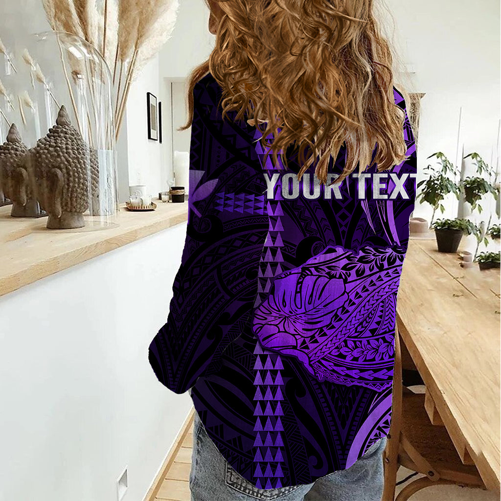 Personalised Hawaiian Islands Women Casual Shirt Kauai Map Purple Kanaka With Kakau LT14 - Polynesian Pride