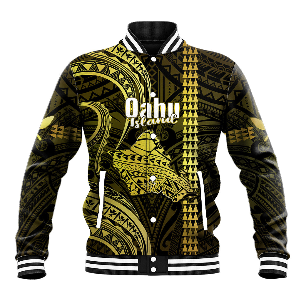Polynesian Pride Hawaiian Islands Baseball Jacket Oahu Map Yellow Kanaka With Kakau LT14 Unisex Yellow - Polynesian Pride