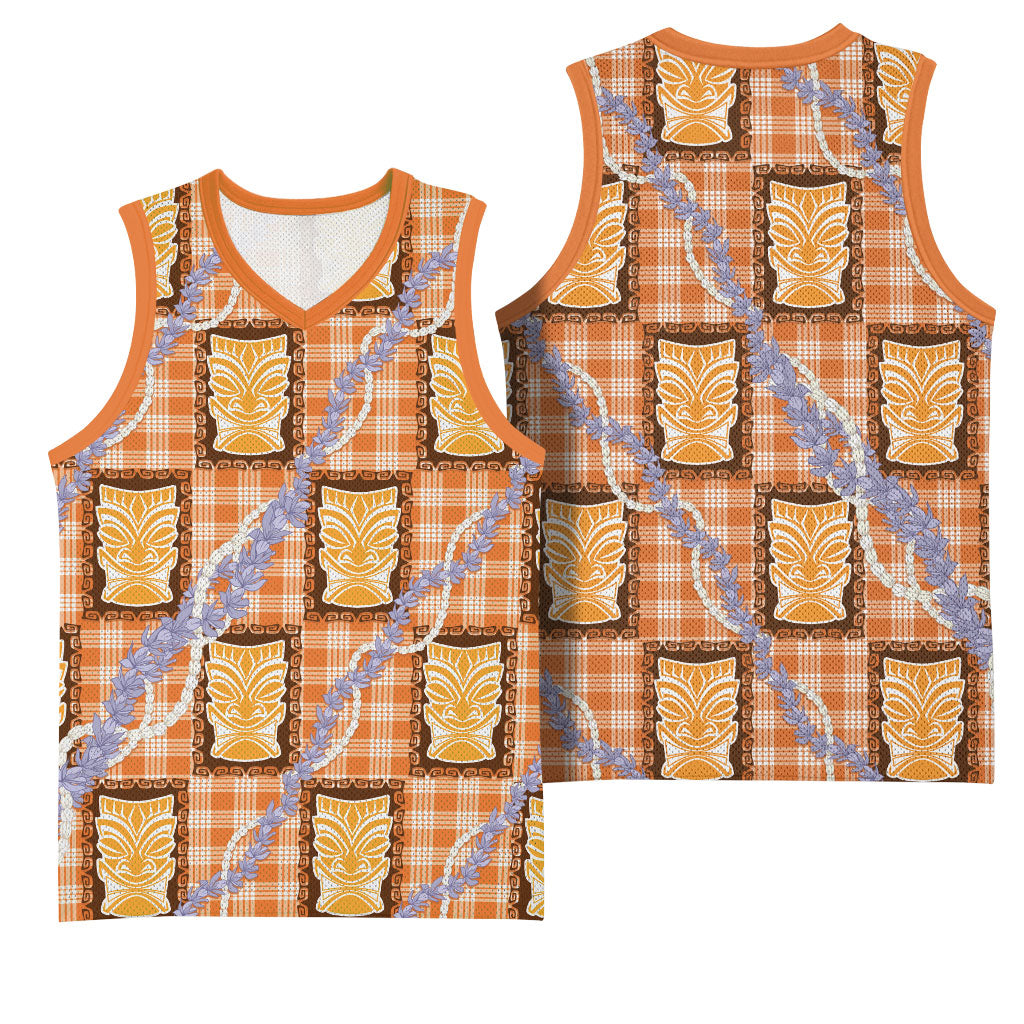 Aloha Hawaii Tiki Palaka Motifs Basketball Jersey Honohono Lei Orange Elegant Vibes