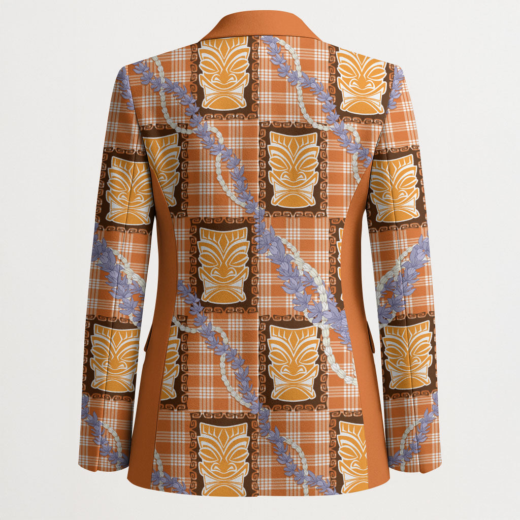 Aloha Hawaii Tiki Palaka Motifs Blazer Honohono Lei Orange Elegant Vibes LT14 - Polynesian Pride