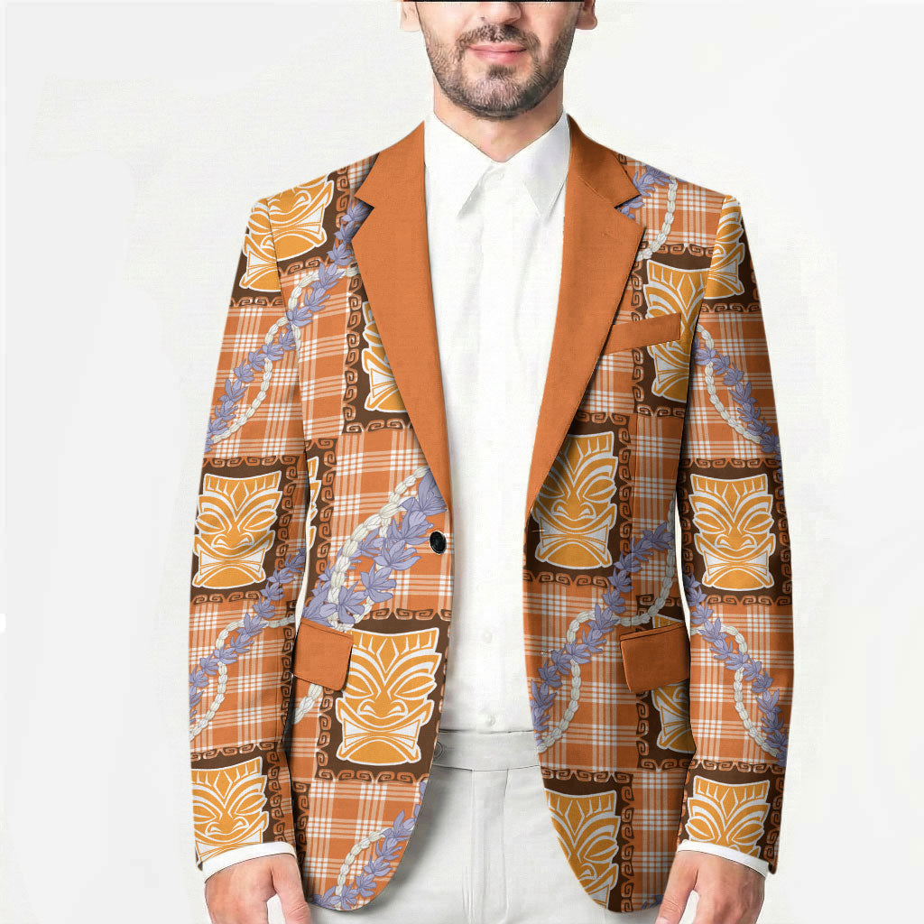 Aloha Hawaii Tiki Palaka Motifs Blazer Honohono Lei Orange Elegant Vibes LT14 - Polynesian Pride