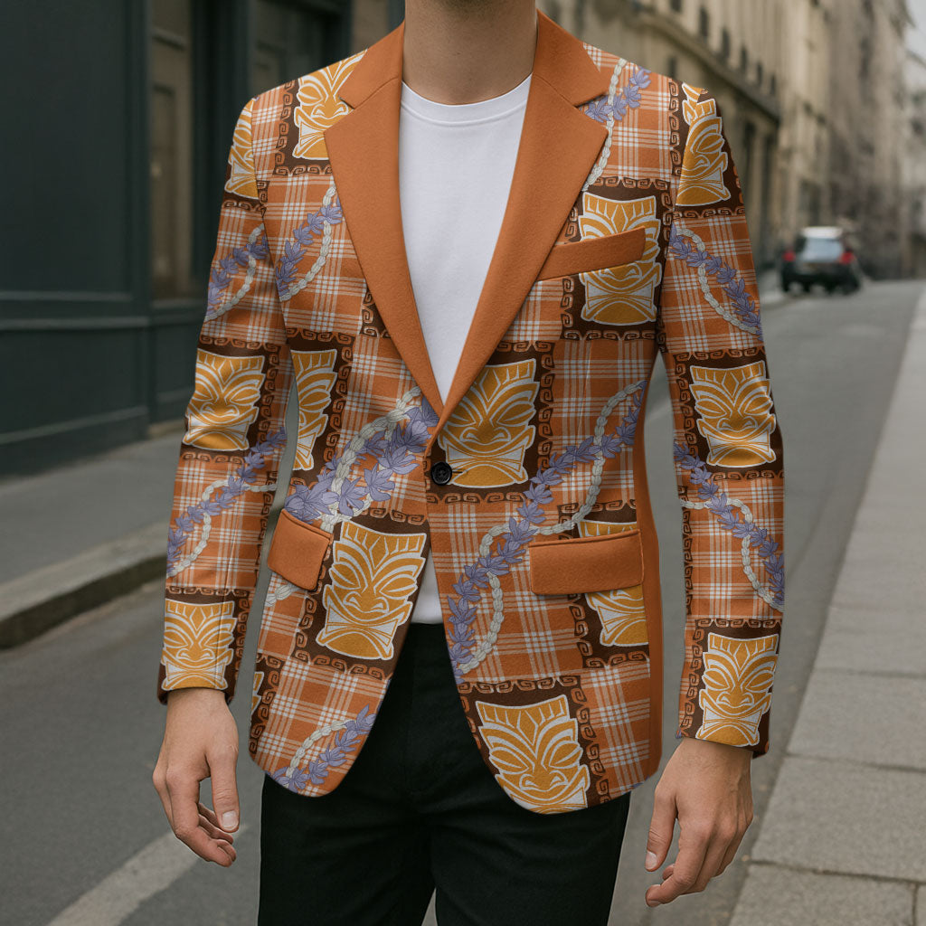 Aloha Hawaii Tiki Palaka Motifs Blazer Honohono Lei Orange Elegant Vibes LT14 - Polynesian Pride