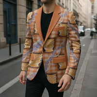 Aloha Hawaii Tiki Palaka Motifs Blazer Honohono Lei Orange Elegant Vibes LT14 - Polynesian Pride