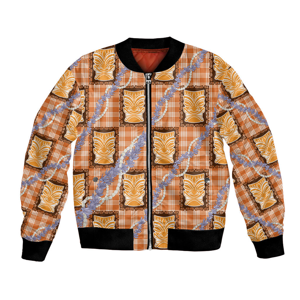 Aloha Hawaii Tiki Palaka Motifs Bomber Jacket Honohono Lei Orange Elegant Vibes LT14 Unisex Orange - Polynesian Pride