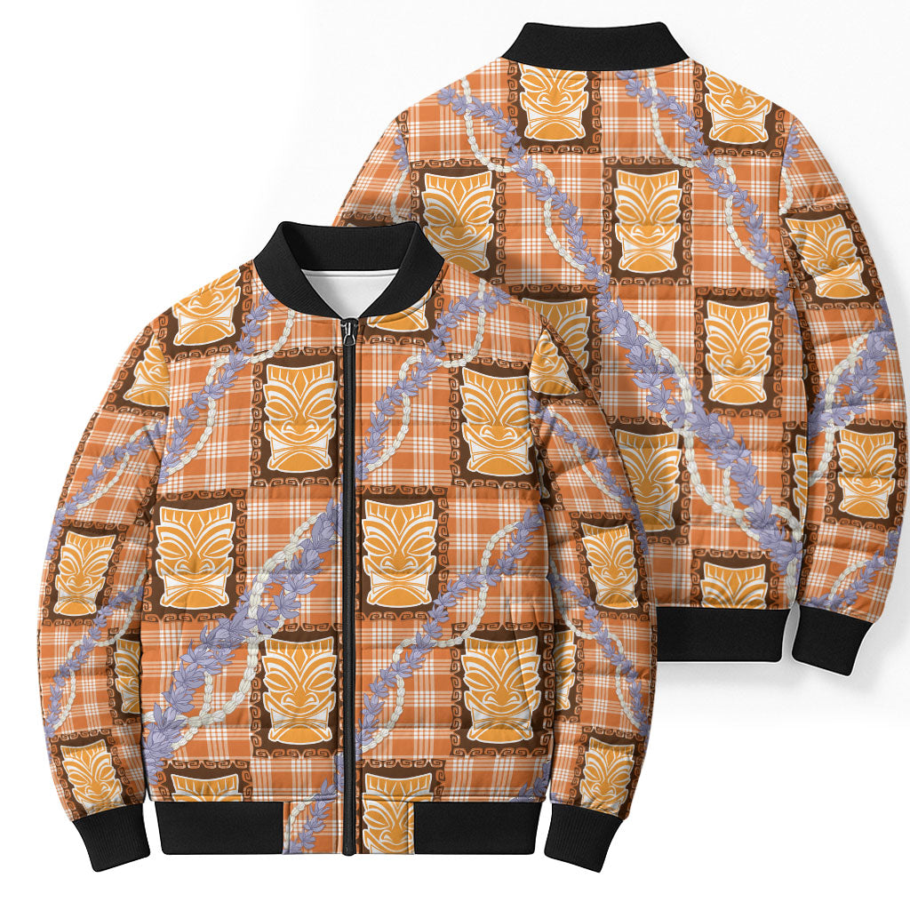 Aloha Hawaii Tiki Palaka Motifs Bomber Puffer Jacket Honohono Lei Orange Elegant Vibes