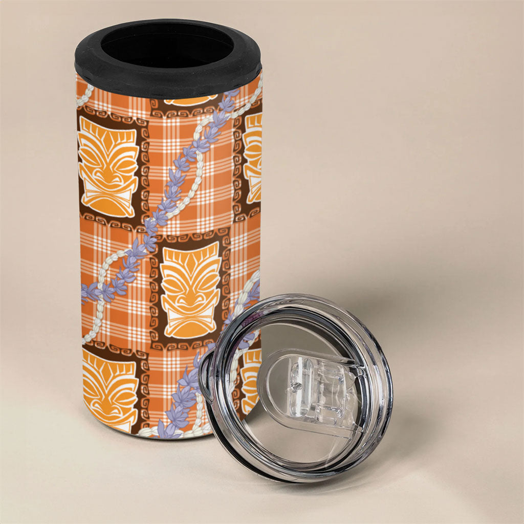Aloha Hawaii Tiki Palaka Motifs 4 in 1 Can Cooler Tumbler Honohono Lei Orange Elegant Vibes