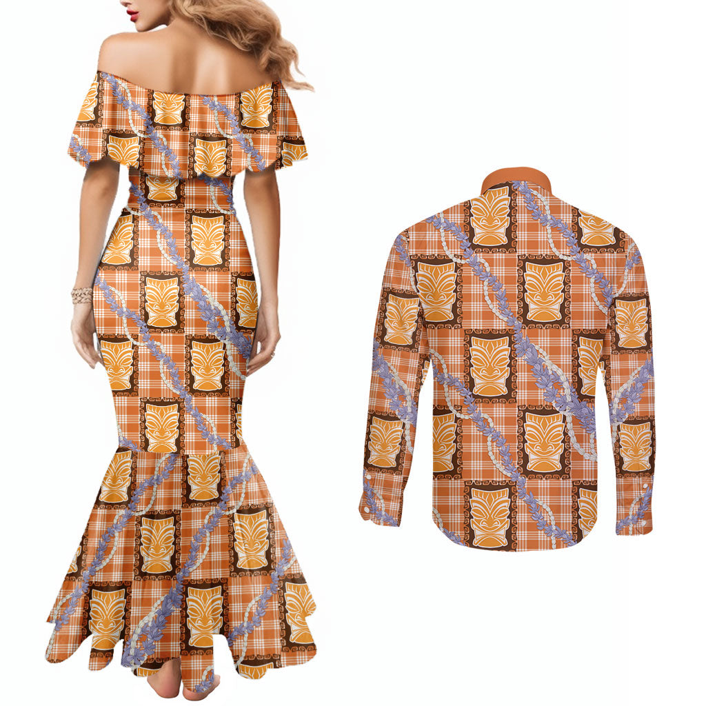Aloha Hawaii Tiki Palaka Motifs Couples Matching Mermaid Dress and Long Sleeve Button Shirt Honohono Lei Orange Elegant Vibes