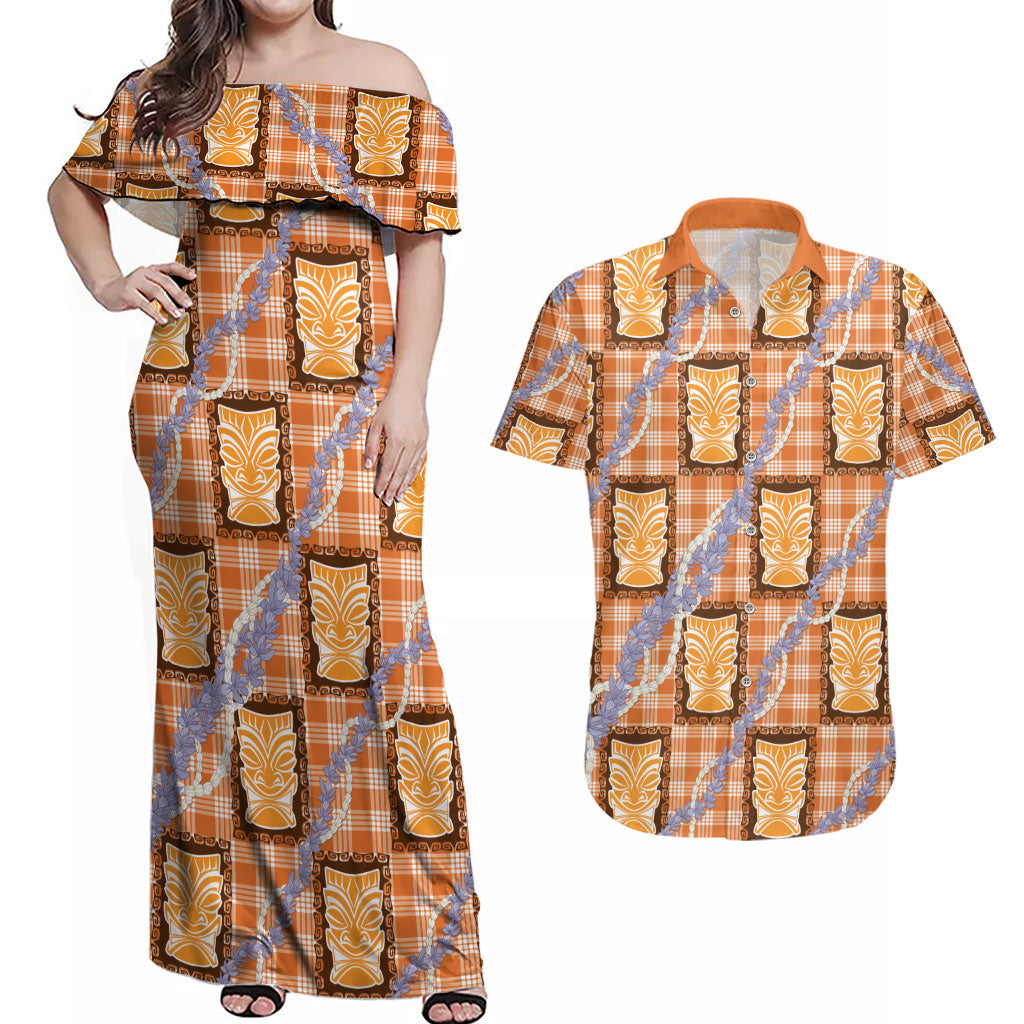 Aloha Hawaii Tiki Palaka Motifs Couples Matching Off Shoulder Maxi Dress and Hawaiian Shirt Honohono Lei Orange Elegant Vibes