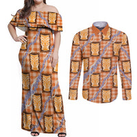 Aloha Hawaii Tiki Palaka Motifs Couples Matching Off Shoulder Maxi Dress and Long Sleeve Button Shirt Honohono Lei Orange Elegant Vibes