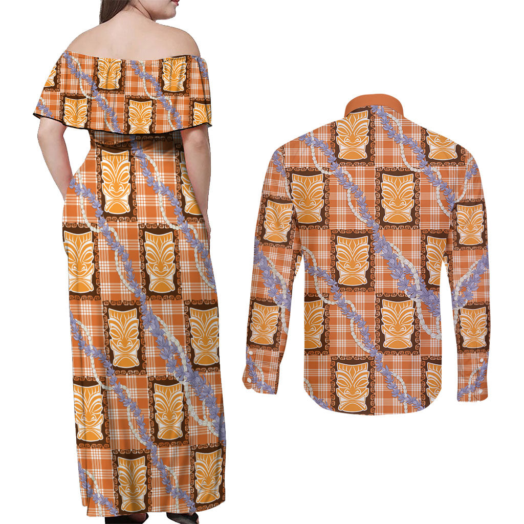Aloha Hawaii Tiki Palaka Motifs Couples Matching Off Shoulder Maxi Dress and Long Sleeve Button Shirt Honohono Lei Orange Elegant Vibes