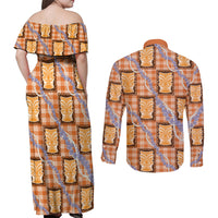 Aloha Hawaii Tiki Palaka Motifs Couples Matching Off Shoulder Maxi Dress and Long Sleeve Button Shirt Honohono Lei Orange Elegant Vibes