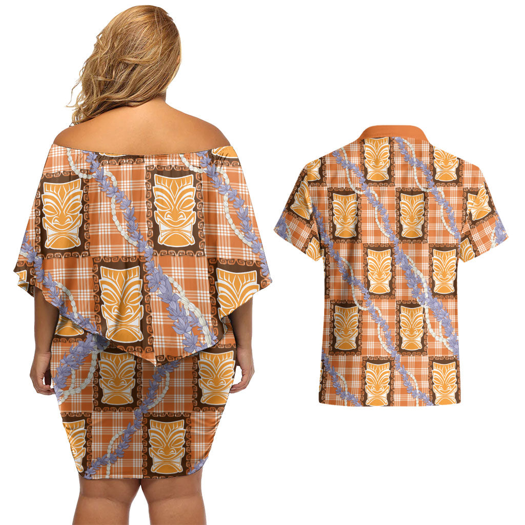 Aloha Hawaii Tiki Palaka Motifs Couples Matching Off Shoulder Short Dress and Hawaiian Shirt Honohono Lei Orange Elegant Vibes