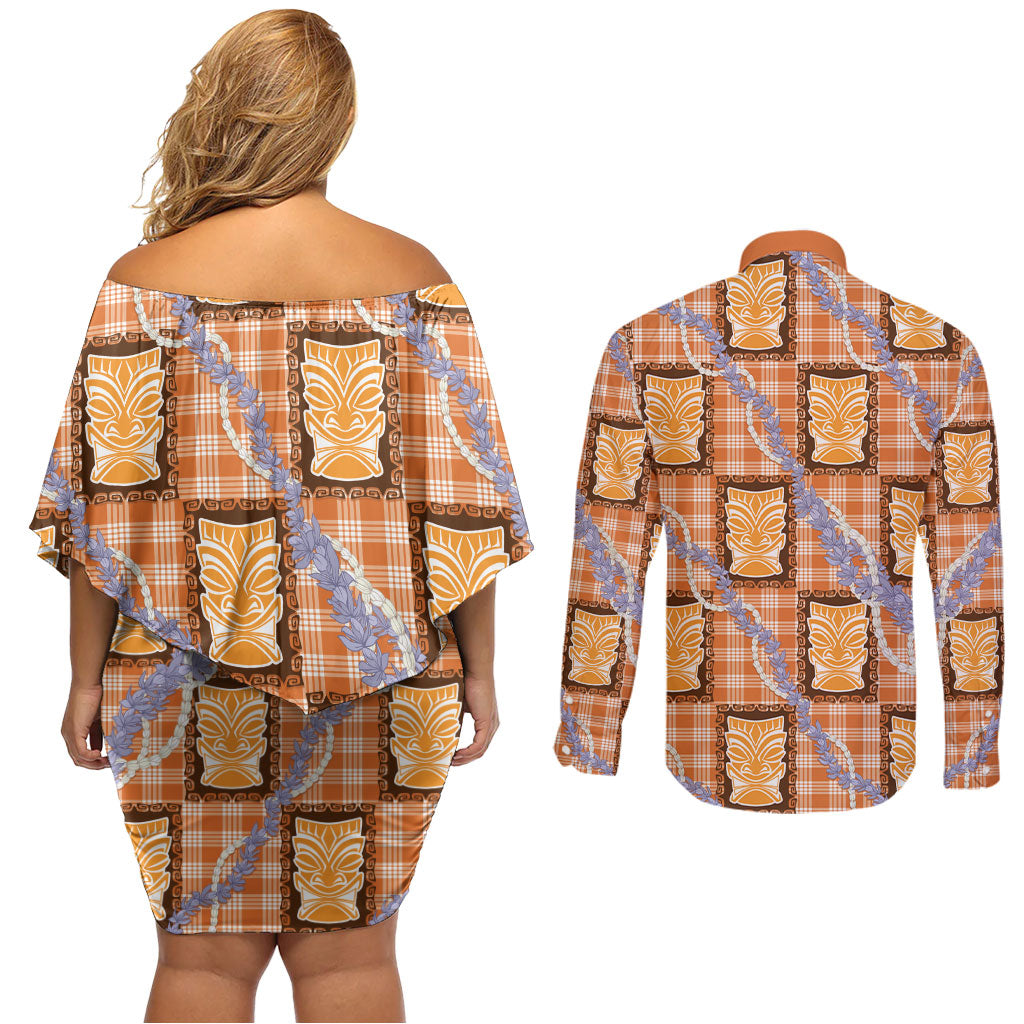 Aloha Hawaii Tiki Palaka Motifs Couples Matching Off Shoulder Short Dress and Long Sleeve Button Shirt Honohono Lei Orange Elegant Vibes