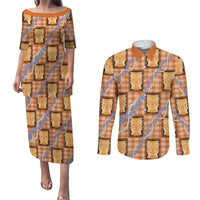 Aloha Hawaii Tiki Palaka Motifs Couples Matching Puletasi and Long Sleeve Button Shirt Honohono Lei Orange Elegant Vibes LT14 Orange - Polynesian Pride