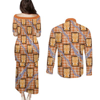 Aloha Hawaii Tiki Palaka Motifs Couples Matching Puletasi and Long Sleeve Button Shirt Honohono Lei Orange Elegant Vibes LT14 - Polynesian Pride